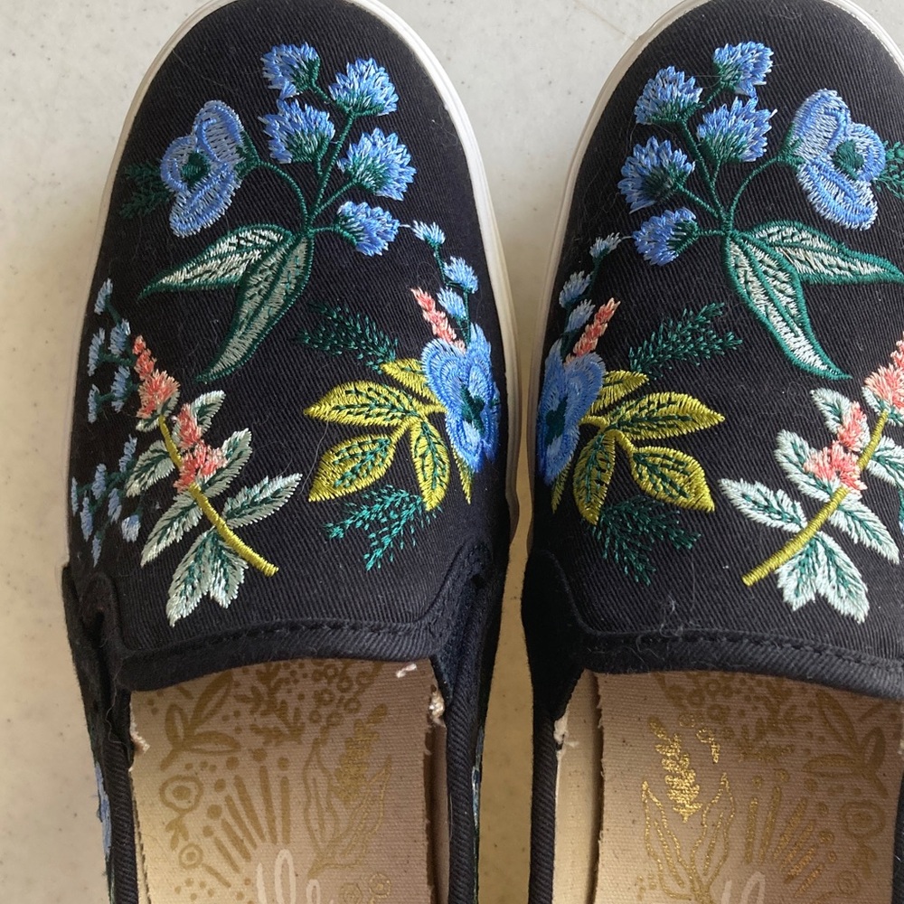 Rifle Paper Co. Keds Black Slip-On Sneakers with Blue Floral Embroidery - Picture 2 of 7
